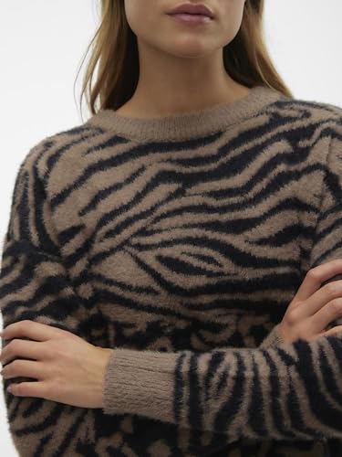 VERO MODA Women Animal Print Acrylic Regular Fit Brown Pullover Sweater