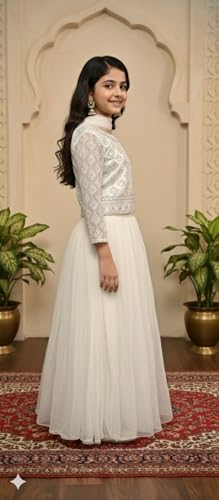 Aarika Girls Ethnic Wear Cream Colour MirrorEmbellished Emroidery Net Lehenga Choli Set With Dupatta-(4-15 Years)-(LCH-MC-02117-CREAM-28)