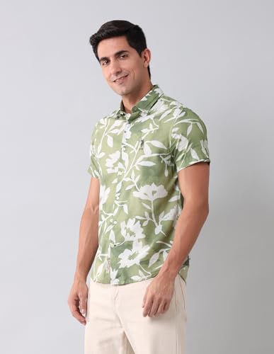 U.S. POLO ASSN. Denim Co. Men's Green Floral Printed Spread Collar Half Sleeve Casual Cotton Regular Fit Shirt (UDSHT1506_Green_39)