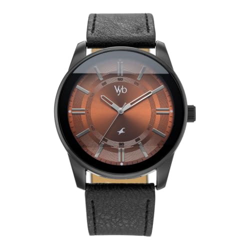Fastrack Vyb Drift Quartz Analog 3 Hands Burnt Orange Dial Black Leather Strap Watch for Guys - FV30021NL03W