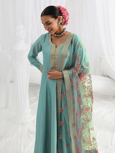 Libas Embroidered Silk Blend A-Line Ethnic Dress with Dupatta-93637L Blue