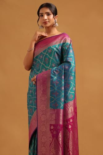 Soch Womens Teal Silk Blend Ethnic Motifs Zari Woven Saree