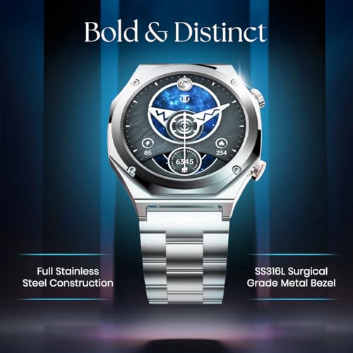 Titan Maestro 1.47" Zero Lag AMOLED Smart Watch for Man with SS316L Stainless Steel, BT Calling, 60Hz Refresh Rate, Health Tracking,10 Days Battery,Water & Dust Resistant, Extra Silicon Strap (Silver)