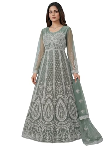 JULEE Women's Net Embroidered Semi-Stitched Gown Bindi Gown Mint-GEM