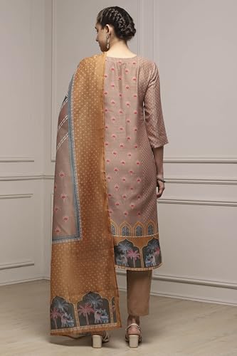 Biba Women Brown Chanderi Blend Printed Embroidered Unstitched Suit Set_FREE SIZE