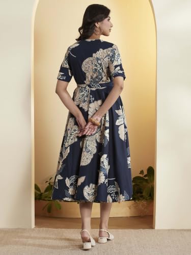 BIBA 100% Cotton Printed Semi-Formal Kalidar Dress Blue