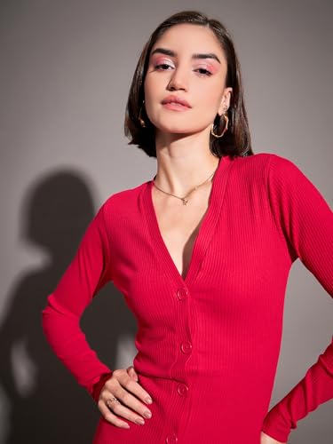 Pink Rib Front Button Midi Dress