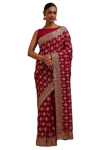 Soch Womens Fuchsia Georgette Embroidered Saree With Stone Work