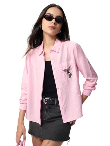 The Souled Store Textured Shirt: Pink Bird Women and Girls Full Sleeves Spread Collar Pink Embroidered Relaxed Fit Lightweight Easy to Style Everyday Office Wear Winter-Ready Shirt