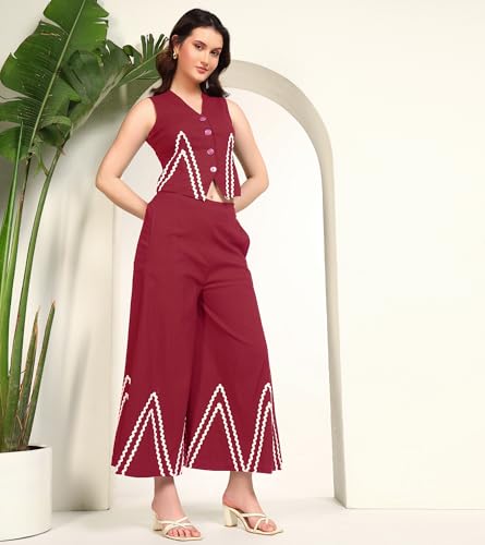 DEEBACO Women's Solid Lycra Ankle Length Waist Coat with Palazzo|Cord Set for Women Fashion|Long Jumpsuits Western Dress for Women Stylish|Two Piece Co ord Set|Casual Wear(DBCO00002277_M_Maroon)