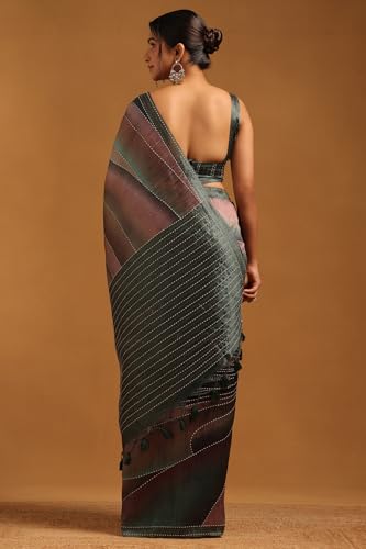 Soch Womens Green Tussar Abstract Saree With Hand Embroidery