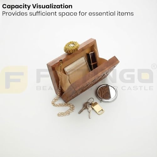 FITTINGO Wooden Clutch Purse for Women 11.5 x 5.5 x 19 cm | Rectangular Handcrafted Wooden Purse Bag with Chain | Stylish Hard Wood Clutch for Party Wedding Casual Use Premium Wooden Handbag- Model 3