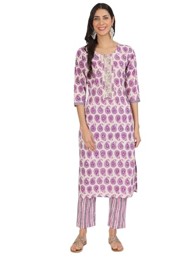 Divena Purple Floral Print Cotton Kurta pant with Dupatta set for women