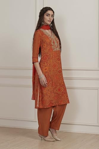 Biba Women Orange Modal Printed Straight Suit Set_32