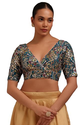 Soch Womens Turquoise Blue Georgette Embroidered Padded Blouse with Sequins