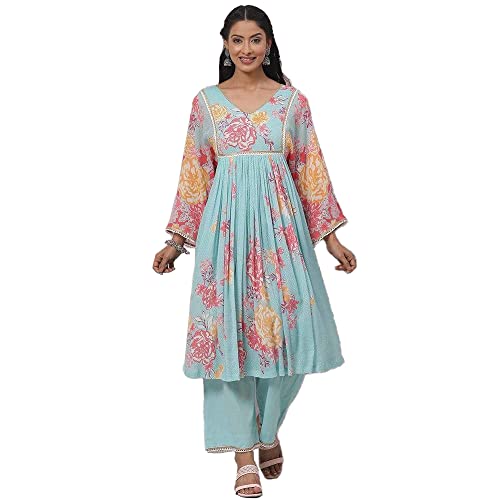 Biba Women's Cotton Printed Straight Salwar Kurta Dupatta (Skdphool Ba8073_Sky Blue_42)