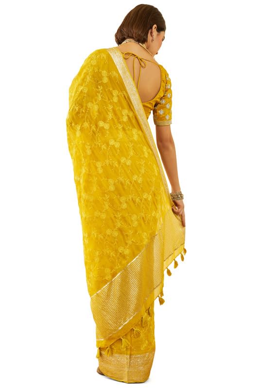 Soch Womens Yellow Organza Embroidered Saree with Thread Work(8907175714638)