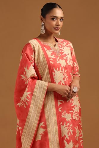 Soch Womens Peach Chanderi Floral Salwar Suit With Beads