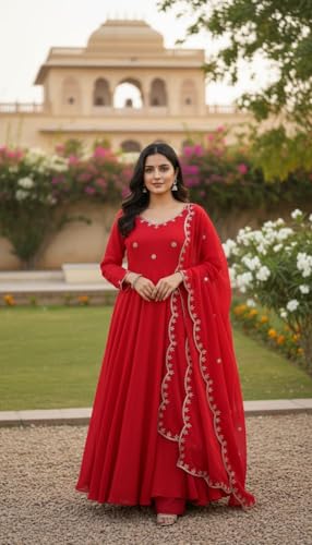 Traditional Red Anarkali Dress with Embroidered Details, Elegant Traditional Style (in, Alpha, XL)