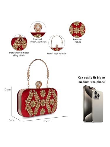 TOOBA Red Handicraft Beautiful Bling Box Wedding Clutch Bag for Women's