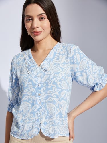Latin Quarters Women Blue Collared Half Sleeves Printed Shirt Blouse for Casual Wear_S