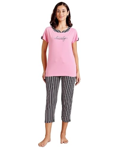 BODYCARE Women's Cotton Printed T-Shirt and Capri Set | Soft & Breathable Nightwear | Short Sleeves | Loungewear Co-Ord Set| BSCS16030_100 Multicolour