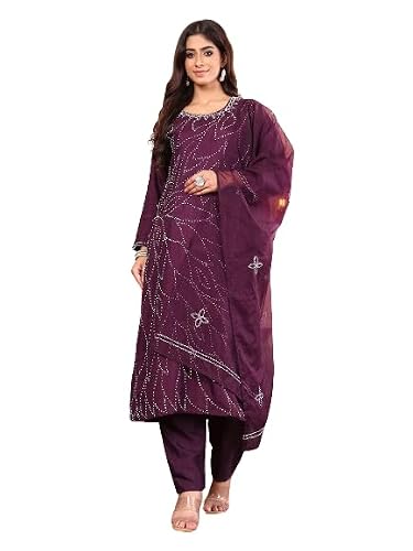 Varanga Women Purple Hand Embroidered French Knot Kurta With Tonal Bottom And Embroidered Dupatta.