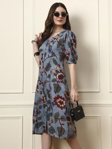 Divena Sky Blue V-Neck Rayon Dress