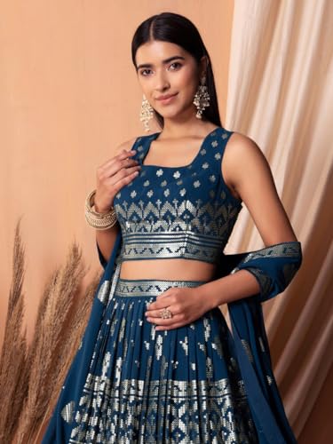 Zeel Clothing Sequins Thread Embroidered Work Pure Georgette Semi Stitched Lehenga Choli With Dupatta (5117-Blue-Women-Lehenga-Choli-Latest; Free Size)