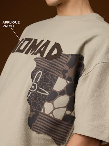 The Souled Store Textured T-Shirt: Nomad Men and Boys Short Sleeves Round Neck Beige Graphic Printed Casual Drop Shoulder Streetwear Trendy Super Oversized T-Shirts