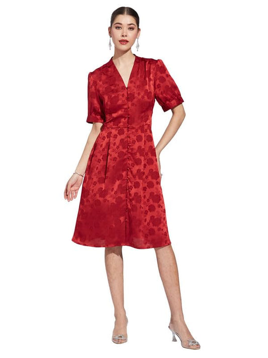 Latin Quarters Women Maroon V-Neck Half Sleeve Printed A-Line Dress_XL