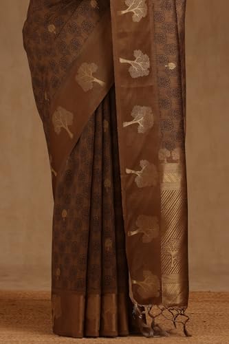 Soch Womens Olive Tussar Floral Woven Design Saree With Zari