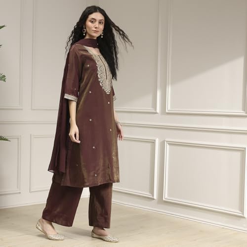 Biba Women Wine Viscose Rayon Straight Solid Kurta Set_38