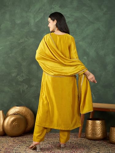 Varanga Women A Gracefully Beaded Yoke Kurta Paired With Solid Trousers And A Matching Dupatta