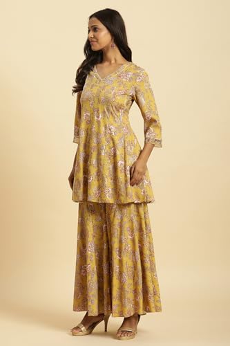 W for Woman Yellow Floral Printed Short Flared Kurta, Sharara and Dupatta Set_24AUWS19717-121051_S