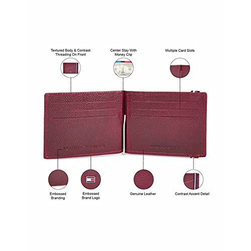 Tommy Hilfiger Adriel Leather Moneyclip for Men - Burgundy, 6 Card Slots