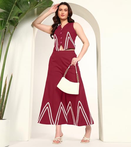 DEEBACO Women's Solid Lycra Ankle Length Waist Coat with Palazzo|Cord Set for Women Fashion|Long Jumpsuits Western Dress for Women Stylish|Two Piece Co ord Set|Casual Wear(DBCO00002277_M_Maroon)