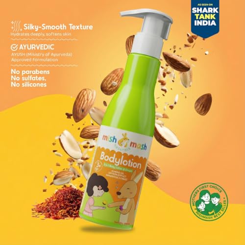 Mishmash Naturals Kids 2 in 1 Body Lotion and Cream for soft, hydrated skin | Ayurvedic Daily Moisturizer | All skin type | Made with Almond Oil, Saffron and Manjistha | For kids 3+ years | SLS & Paraben free | 200ml-Pack of 1