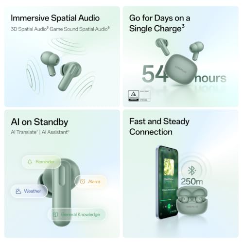 OnePlus Nord Buds 4 TWS Earbuds with 52dB Real-time ANC, Game Sound Spatial Audio, 6-Mic AI Clear Calls, Up to 54hrs Playback, 10 min for 11 hrs Fast Charging, Bluetooth 6.1 - Astral Teal