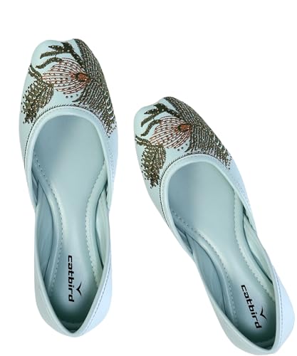 CatBird Women’s Embroidered Ethnic Jutti with Leaf Motif | Soft Cushioned Slip-On Mojari | Lightweight Traditional Flats for Casual 5 UK Mint Green
