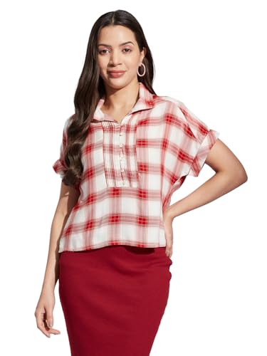 Latin Quarters Women Red Collared Short Sleeve Checks Top Blouse for Casual Wear_M