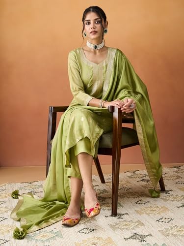 Hritika Green Pure Silk Woven Kurta with Pants and Dupatta Set | Ethnic Set | Suit Set | Kurta Set | Wedding Suit Set for Women