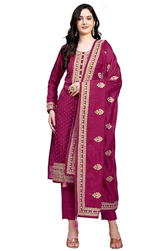 TRENDMALLS Women's Vichitra Silk Embroidery Salwar Suit Set Kurta Pant with Dupatta (G142-Pink-XL)
