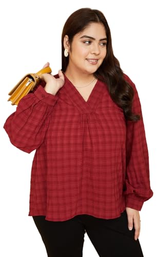 Max Women Plus Size Rayon Textured V-neck Top (WVN3002P_Red)