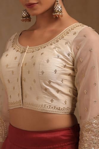 Soch Women's Tussar Embroidered Three Quarter Sleeves Regular Fit Blouse (BLFSJQD00739_Cream 40)