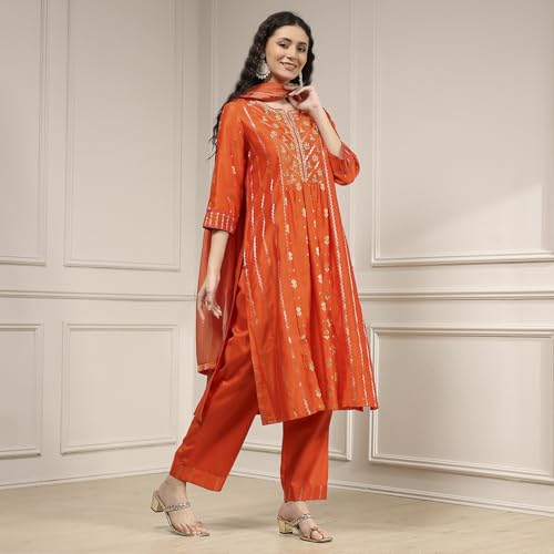 Biba Women's Orange Silk Straight Yarndyed Suit Set