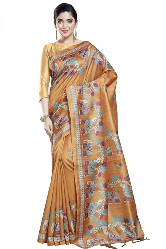 RANI SAAHIBA Women's Printed Art Tussar Silk Madhubani Saree With Blouse Piece (SKR11580_Rust)