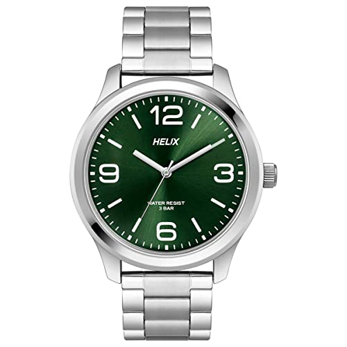 Helix by Timex Analog Watch for Man with Green Round Dial & Silver Stainless Steel Bracelet Band Water Resistant Men's Wrist Watches - TW043HG13