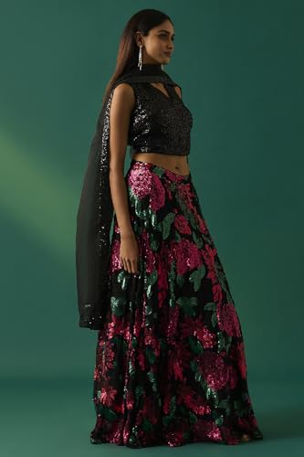 Wishful Women's Black Sequined Embellished Blouse with Skirt and Dupatta Set - (SP11498-401218-M)