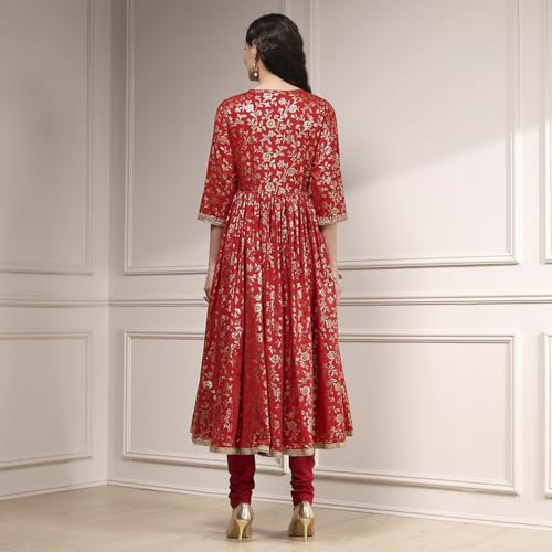 Biba Women's Red Cotton Anarkali Printed Suit Set